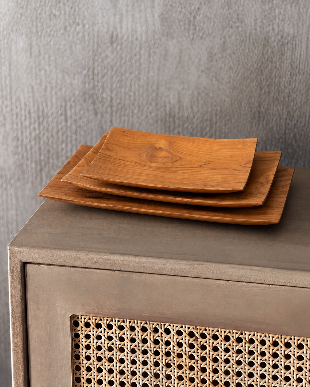 Lot de 3 assiettes rectangulaires en bois de teck