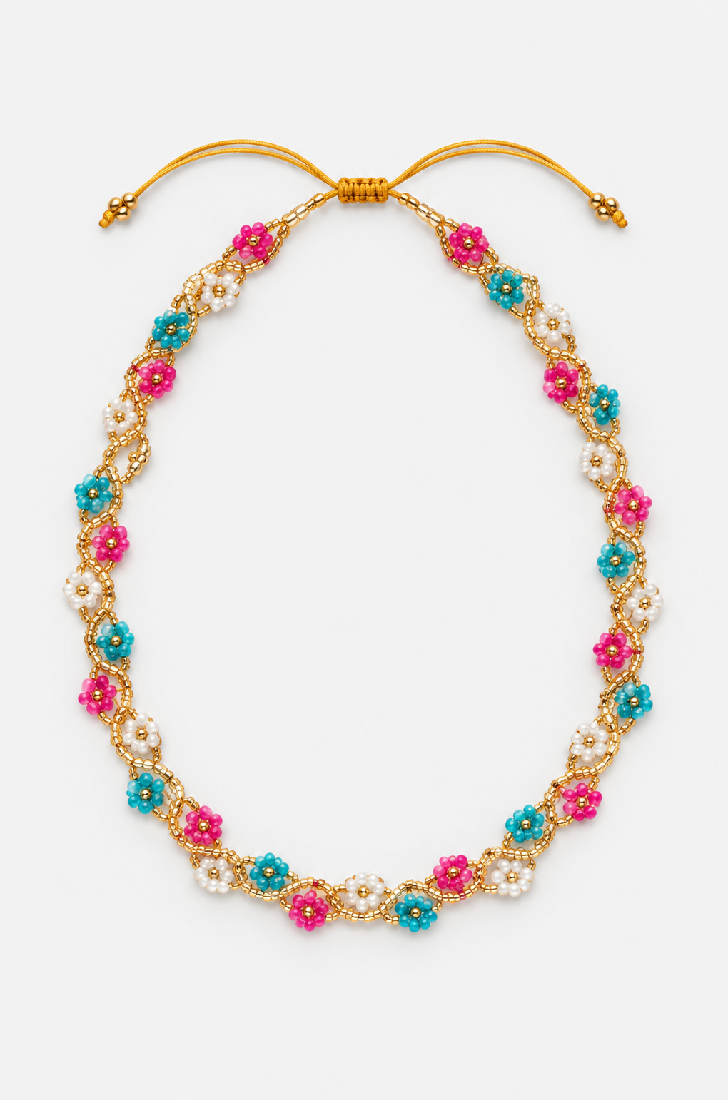 Collier fleurs – Turquoise, rose et blanc