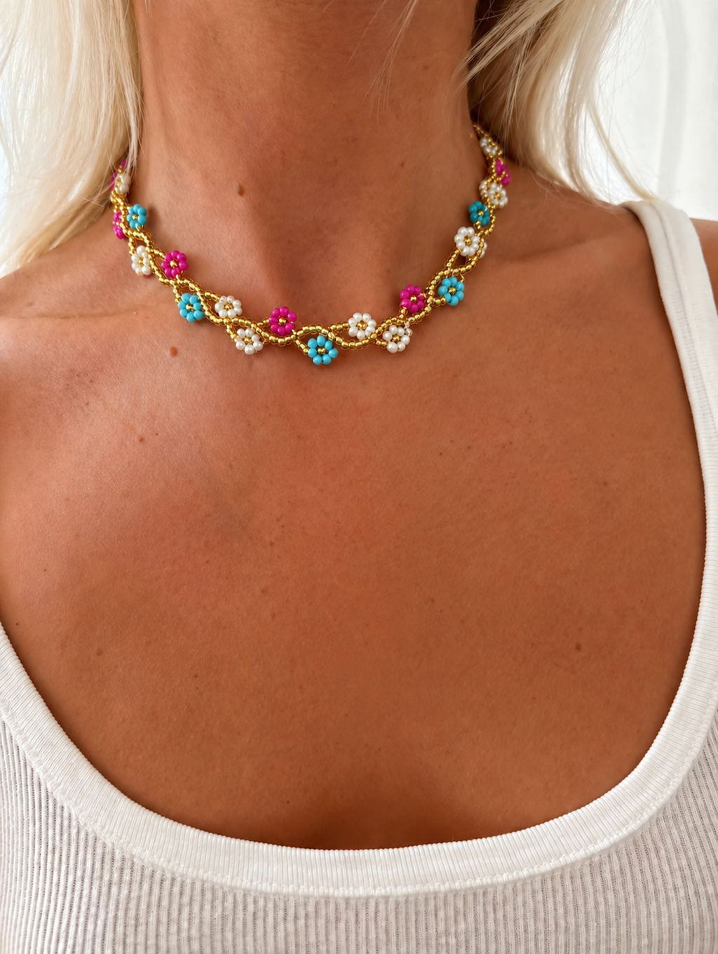 Collier fleurs – Turquoise, rose et blanc
