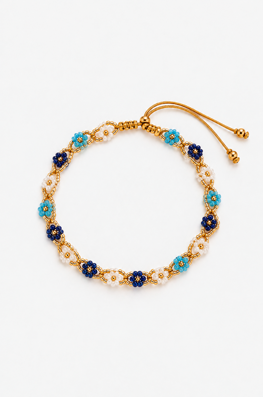 Bracelet de cheville fleuri bleu foncé, blanc , turquoise