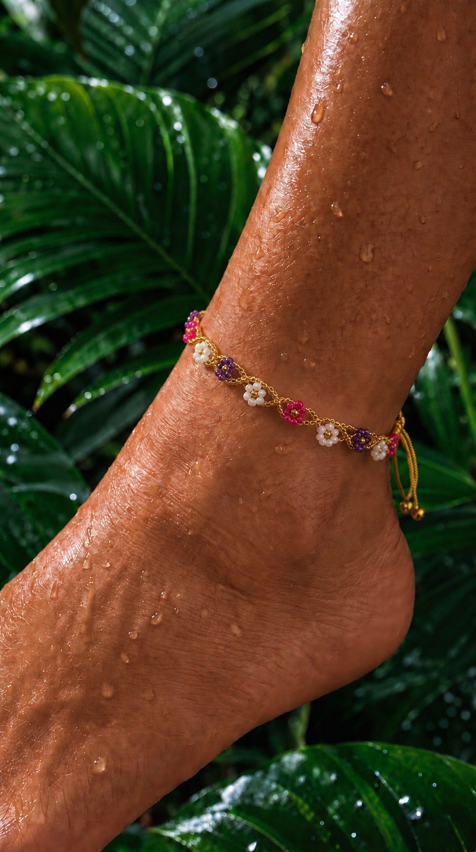 Bracelet de cheville fleuri rose, violet, blanc