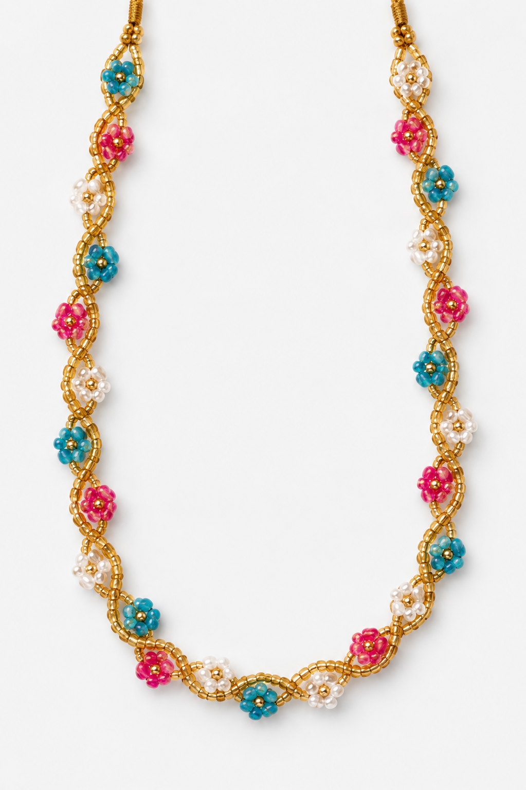 Collier fleurs – Turquoise, rose et blanc
