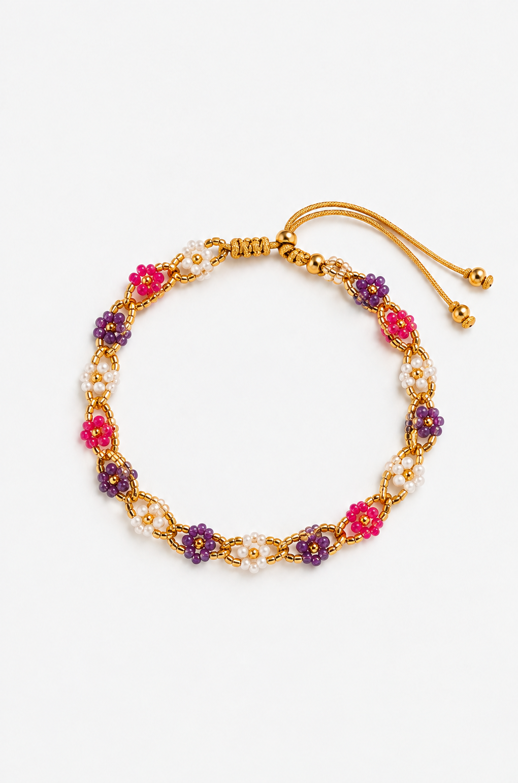 Bracelet de cheville fleuri rose, violet, blanc
